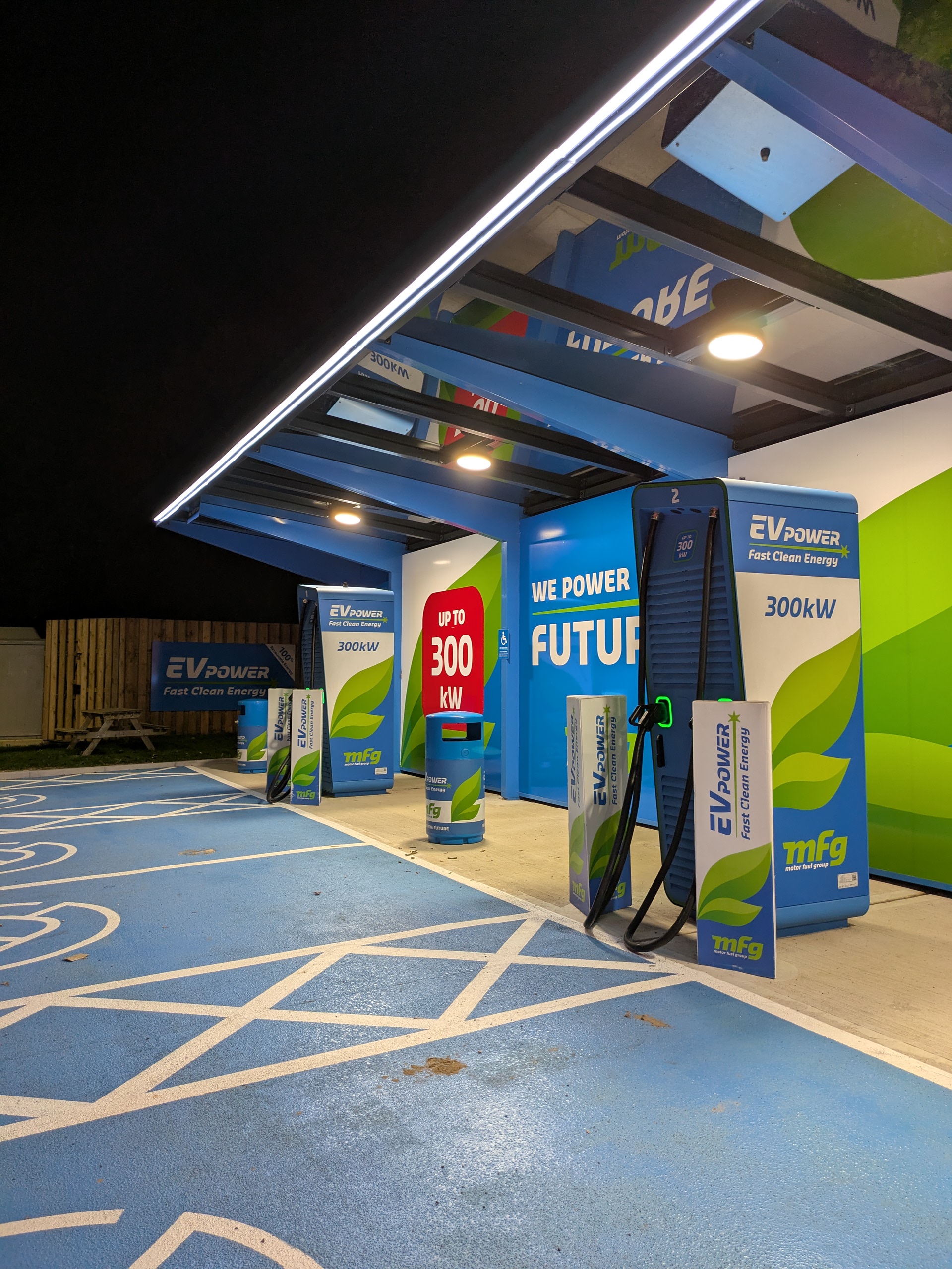2025年英国肯特郡Tonbridge一座Motor Fuel Group加油站内的EV Power快速充电设备,资料图;MFG EV Power是FleetBoost首批接入的充电运营商之一