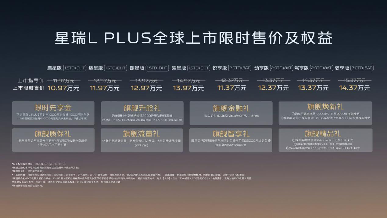 10.97万元起，吉利星瑞L PLUS上市